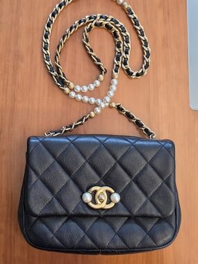 CHANEL Black Quilted Leather Crossbody with Gold-Tone CC & Pearl Chain